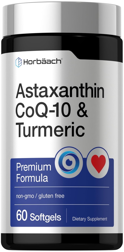 Horbäach Astaxanthin 12mg | mit CoQ-10 & Turmeric | 60 Softgels | Premium Formel | Non-GMO, Glutenfreie Ergänzung