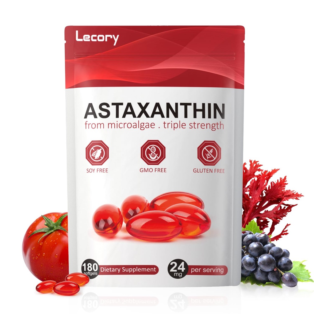Astaxanthine 24mg, 180 Softgels. 6 mois d'approvisionnement d'antioxydant premium. Triple force pour les yeux, l'immune, la peau et le support de circulation.