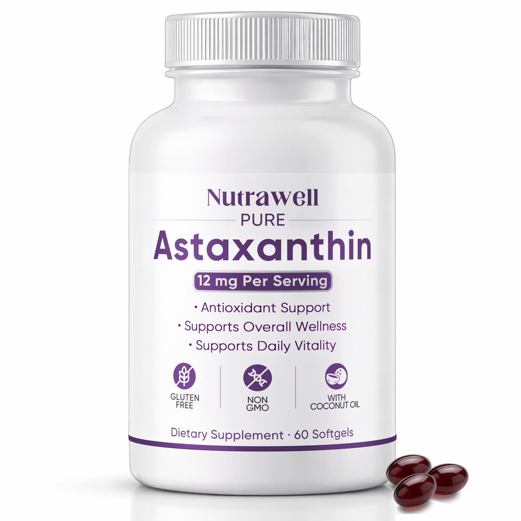 NutraWell Astaxanthin 12mg, avec huile de coco, supplément de soutien antioxydant, non-OGM, sans gluten, 60 Softgels
