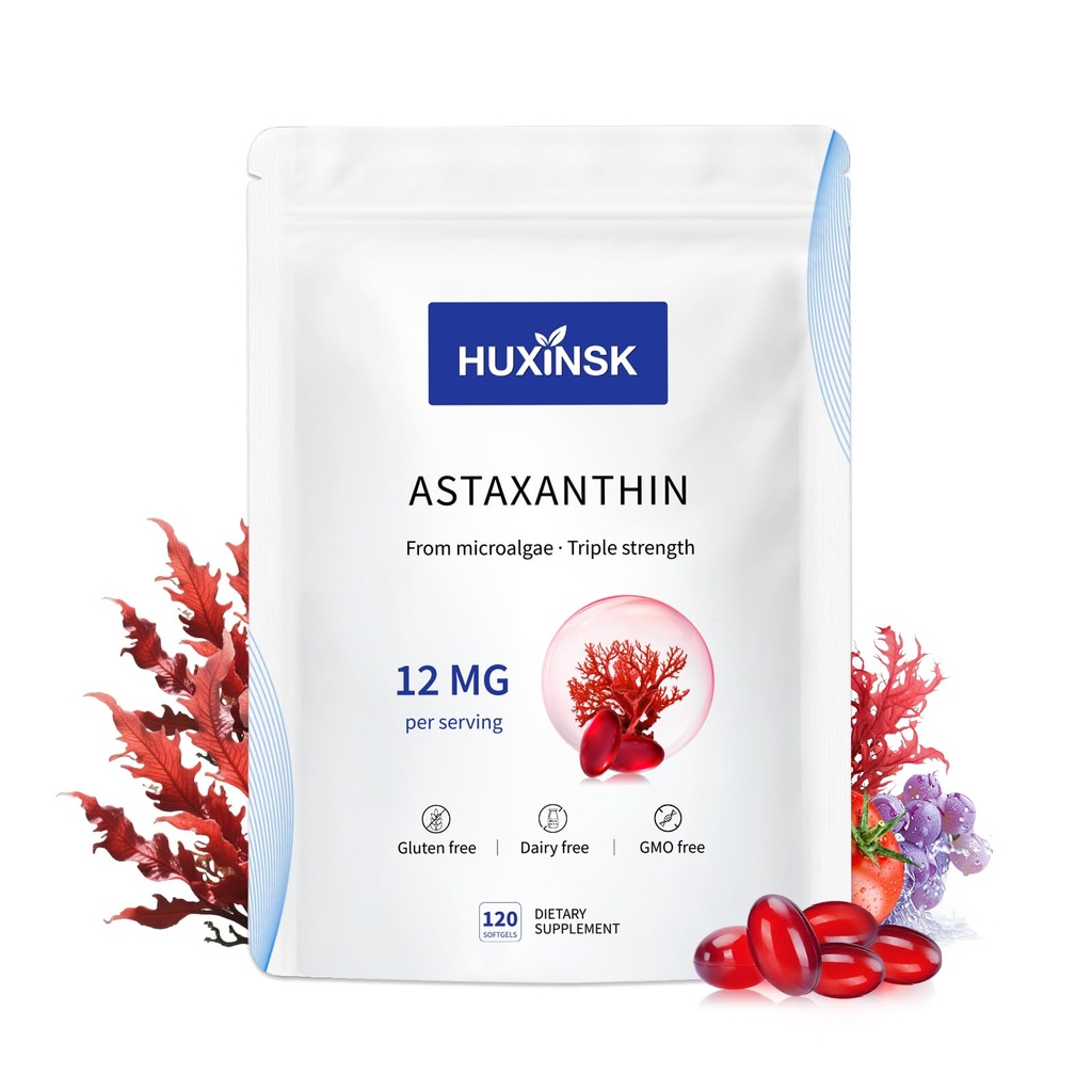 Astaxanthin 12mg Suppléments, 120 Softgel, Max Strength Astaxanthin Suppléments Antioxydants Forme Microalgues fraîches, 4 mois d'approvisionnement, soutient les yeux, la peau, les articulations, le cerveau, le coeur et le système immunitaire santé, 1 sac