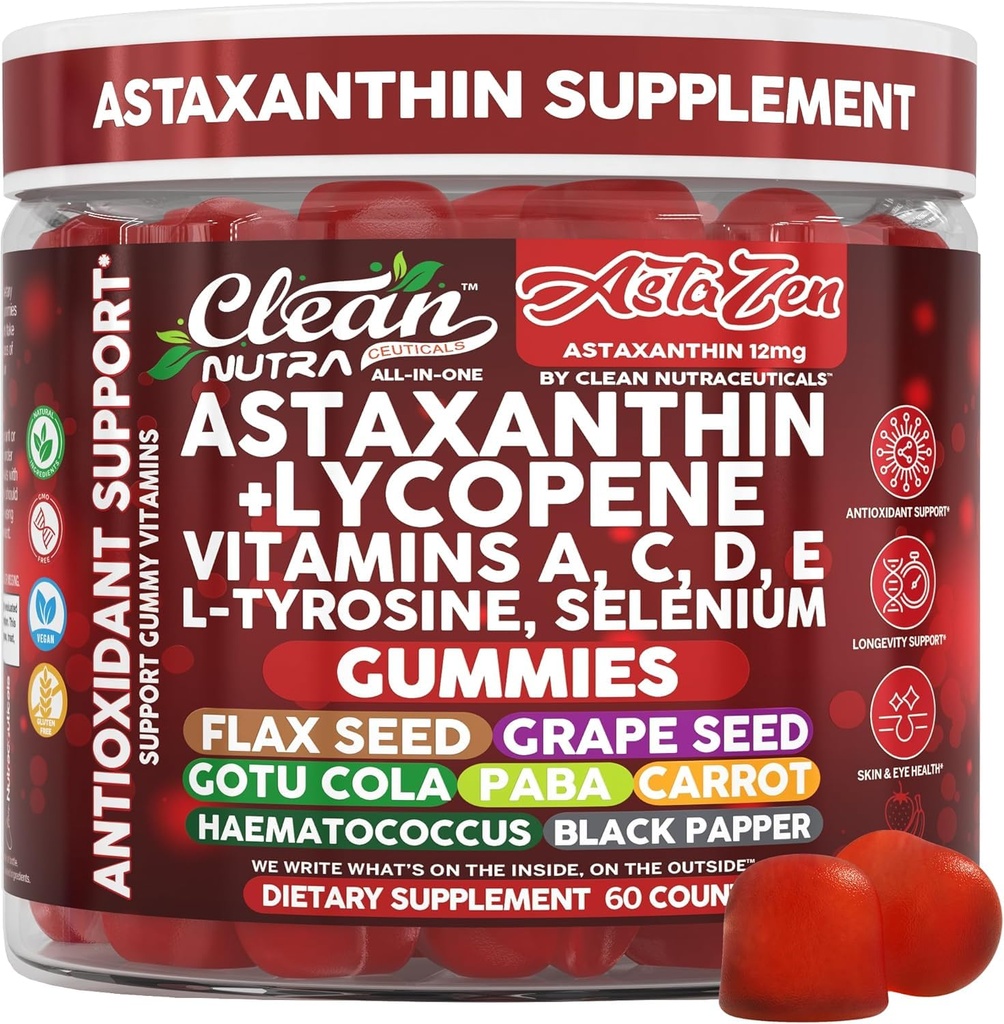 Nutraceutiques propres AstaZen Astaxanthin Gummies 12mg - avec Lycopène, Vitamines A C D E, L-Tyrosine et Sélénium - Gummies de soutien antioxydant - 60 Compte