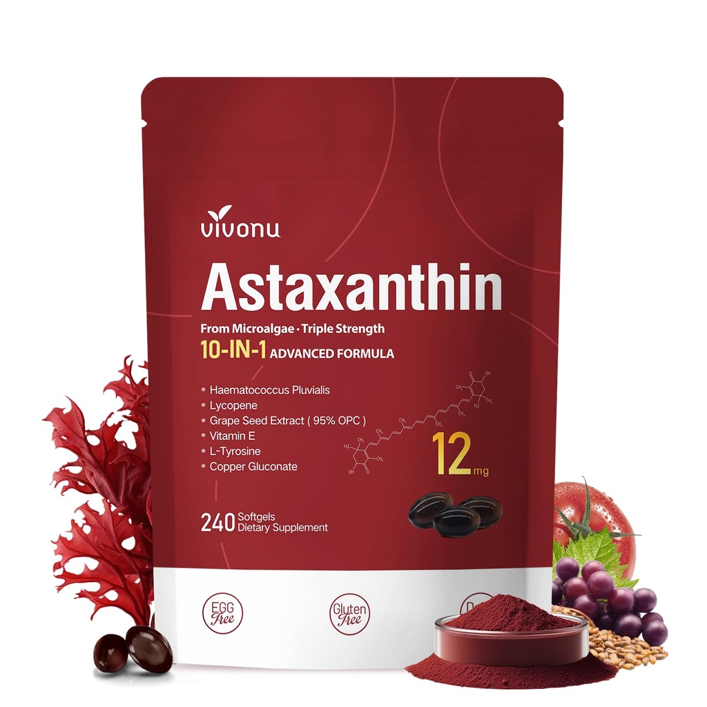 VivoNu Astaxanthin 12mg Supplements, 240 Softgels, Frische Haematococcus Pluvialis 10 in 1 Astaxanthin Antioxidans Ergänzungen, Unterstützt Auge, Haut, Gelenk, Gehirn, Herz-und Immunsystem Gesundheit