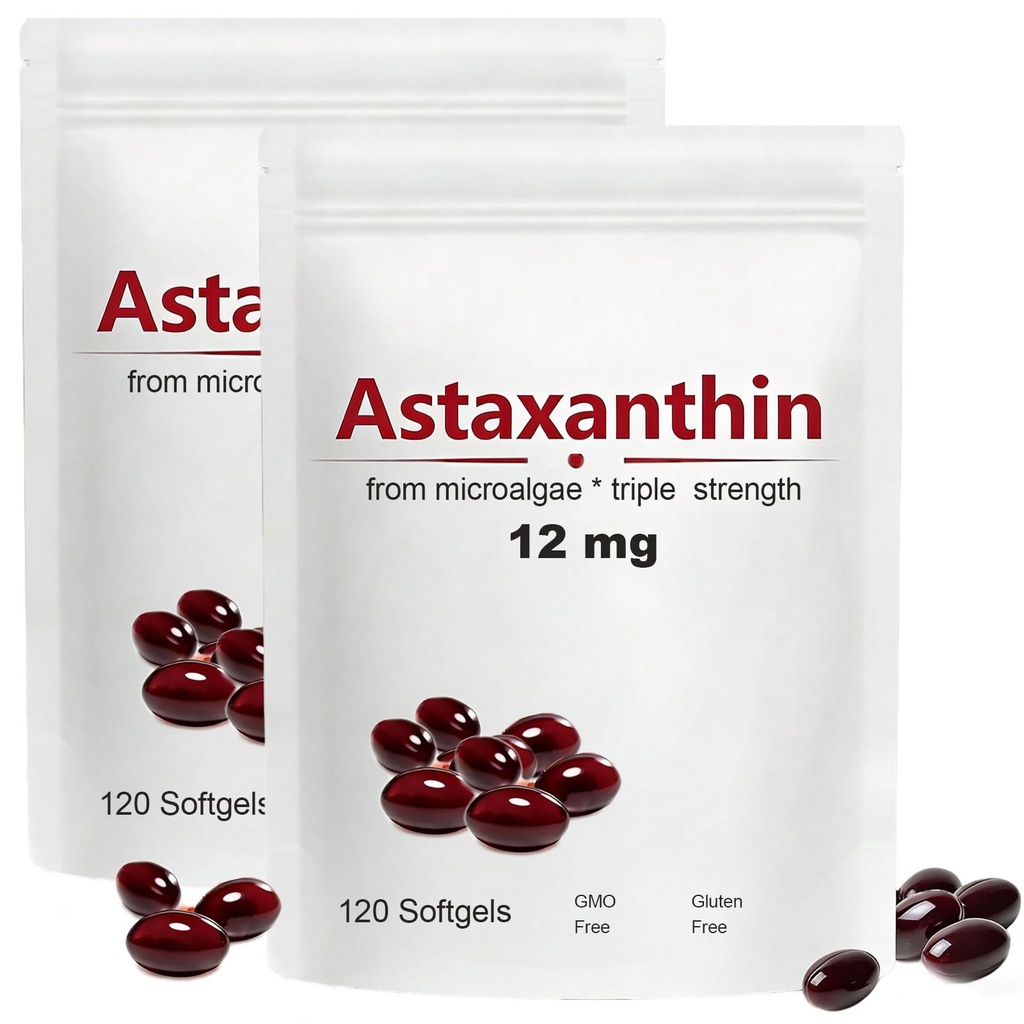 2pack Astaxanthin 12mg, 120 Softgels, Max Strength Antioxidant mit Kokosöl, Natürliche Formel, hohe Absorption für Augen- und Hautunterstützung, Natürliche Formel, Non-GMO, Glutenfrei