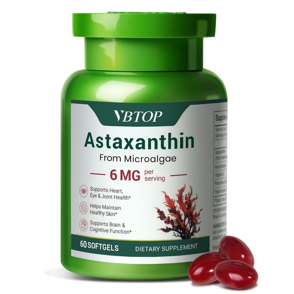 Astaxanthin 6 mg, Premium Astaxanthin Ergänzung mit Antioxidans Aktivität, unterstützt Augen, Haut, Gelenk und Immunsystem Gesundheit. Frische Mikroalgenquelle, Non-GMO, Gluten-Free - 60 Softgels