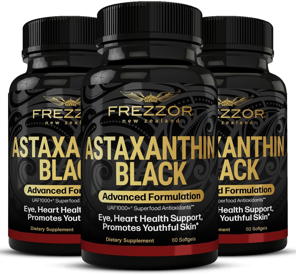 FREZZOR Astaxanthin Noir avec UAF1000+ Super Antioxydant, soutient la santé du coeur, des yeux et du cerveau, anti-âge soin de la peau et protection cellulaire, 12mg Astaxanthin par service, 180 Softgels, 3 mois d'approvisionnement