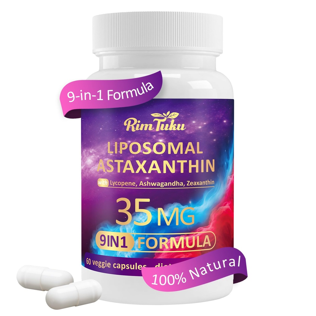 Liposomal Astaxanthin Ergänzung Komplex 9-in-1 mit Ashwagandha, Lycopin, Zeaxanthin, Antioxidans Ergänzung Unterstützung Augen, Haut und Gelenke Gesundheit, 60 Kapseln