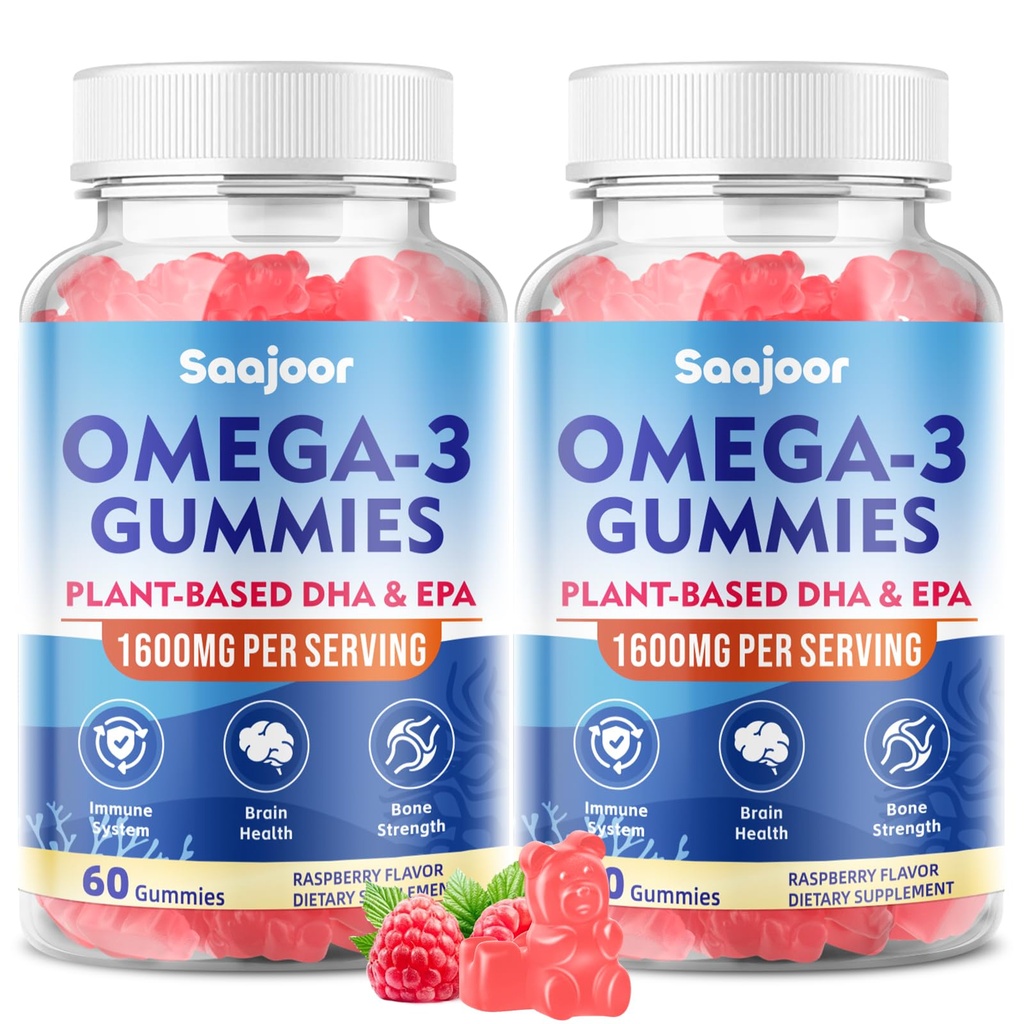 2 Pack Vegan Omega-3 Gummies1000mg für Erwachsene - Zuckerfreie Ergänzung mit 400mg DHA & 600mg EPA, Vitamine A, C, E und Zink - 120 Zähler