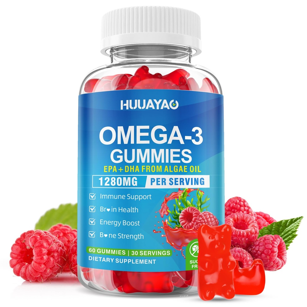 Vegan Omega-3 Gummie 1028mg, Omega 3 Fischöl Alternative für Erwachsene w/EPA 400mg & DHA 600mg & Vitamin A, C, E unterstützt Gehirn, Augen & Immune Gesundheit, Zucker frei, Himbeer Geschmack, 60 Zähler
