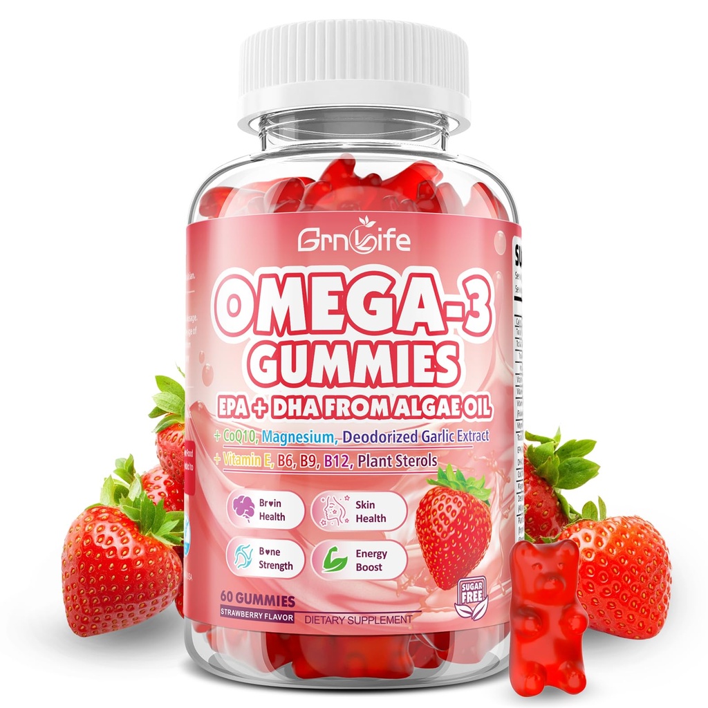 Vegan Omega 3 Gummies 1000mg + CoQ10 + Magnésium - w/Algae EPA 600mg & DHA 400mg, Huile de poisson Omega-3 Suppléments Alternative pour les adultes, pour le cerveau, l'oeil, la santé immunitaire, le parfum de fraise, 60 Comte