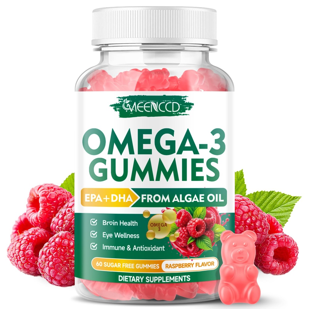 Vegan Omega-3 Gummie 1000mg, Omega 3 Fischöl Alternative für Erwachsene, Algen-basiert DHA 600mg & EPA 300mg + Vitamine A, C, E, Zink, unterstützt Gesamt-Wellness, Kein Fisch Geschmack, 60 Zähler