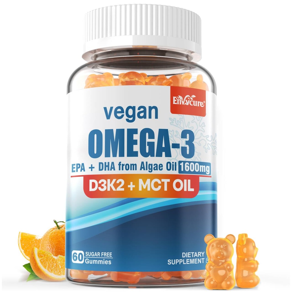 Vegan Omega 3 Gummie 1280mg + Vitamin D3 K2 (MK7), Omega 3 Fischöl Alternative für Erwachsene, w/Algae EPA 600mg & DHA 400mg, MCT Öl - kein Fisch Geschmack - für Gehirn, Auge, Immune Gesundheit, Zuckerfrei, 1 Packung