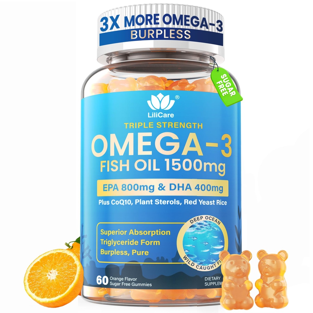 Fish Oil Omega 3 Gummie 1500mg für Erwachsene - Dreifache Stärke mit EPA & DHA, COQ10, Rote Hefe-Reis - Wild Caught Omega 3 Fettsäuren Ergänzungen für Hḙar-t & Brain - Zuckerfrei, Burpless, 60 Zähler