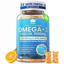 Huile de poisson Omega 3 Gummies 1500mg pour les adultes - Triple force avec EPA & DHA, COQ10, Riz de levure rouge - Omega sauvage pris 3 suppléments acides gras pour la T-H et cerveau - sans sucre, sans Burpless, 60 Compte