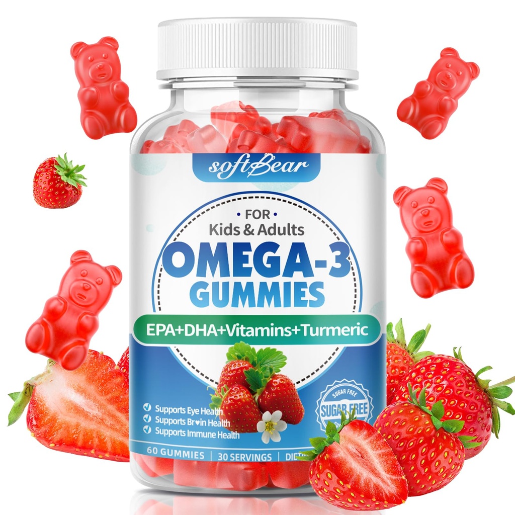 softbear Omega 3 Gummis für Damen und Herren & Kinder Omega 3 Ergänzungen 1200mg Vegan Omega 3 Fettsäuren DHA EPA mit Vitaminen unterstützen Augen- & Gehirn-Gesundheit, Zuckerfrei, Erdbeer Flavor 60 Zähler