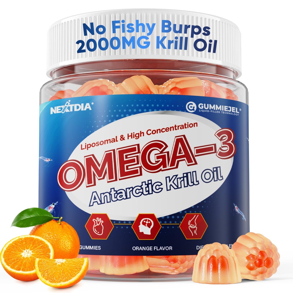 Liposomale antarktische Krill Öl Omega 3 Gummie 2000mg - Cellular Level Absorption Omega-3 mit EPA, DHA & Astaxanthin - Antioxidans & Gehirn Unterstützung - Fish Oil Supplements Alternative - 60 Zähler