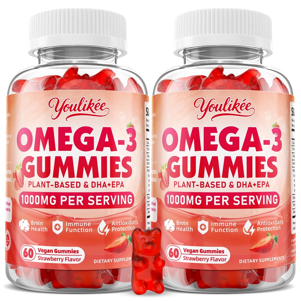 2 Pack Vegan Omega-3 Gummie 1000mg, Omega 3 Fischöl Alternative für Erwachsene, Pflanzenbasierte DHA 460mg & EPA 230mg w/Vitamin A, C, E, Erdbeeren Geschmack, 120 Count