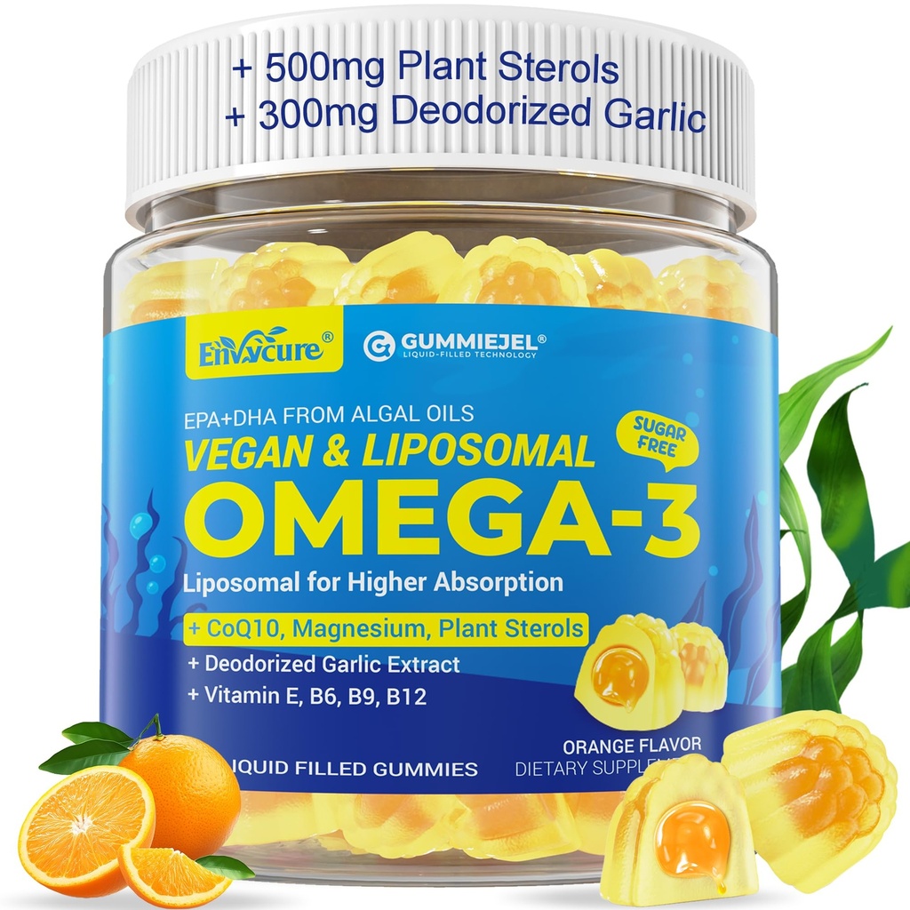 Vegan Omega-3 Gommies 1000mg +CoQ10+Magnésium- EPA 600mg & DHA 400mg, Huile de poisson Omega 3 Suppléments Alternative pour les femmes Hommes Adultes- Forme liposomique -Algae- Stérols végétaux, Ail, B6, B9, B12, Sans sucre