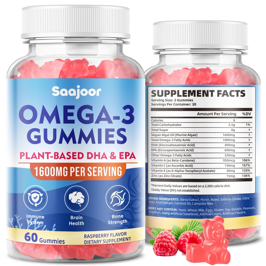 Vegan Omega-3 Gummies1000mg für Erwachsene - Zuckerfreie Ergänzung mit 400mg DHA & 600mg EPA, Vitamine A, C, E und Zink - 60 Zähler