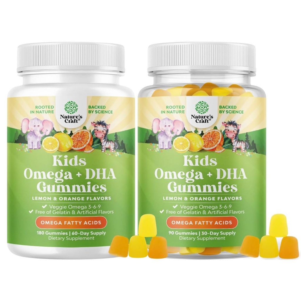 Bundle von Omega DHA Gummis für Kinder - Fettsäuren Omega 3 6 9 mit Vitamin C für Gehirn, Immunität & Vision - Nährwert DHA für gesunde Nervensystem & Fokus Unterstützung - Vegetarisch & Gluten kostenlos