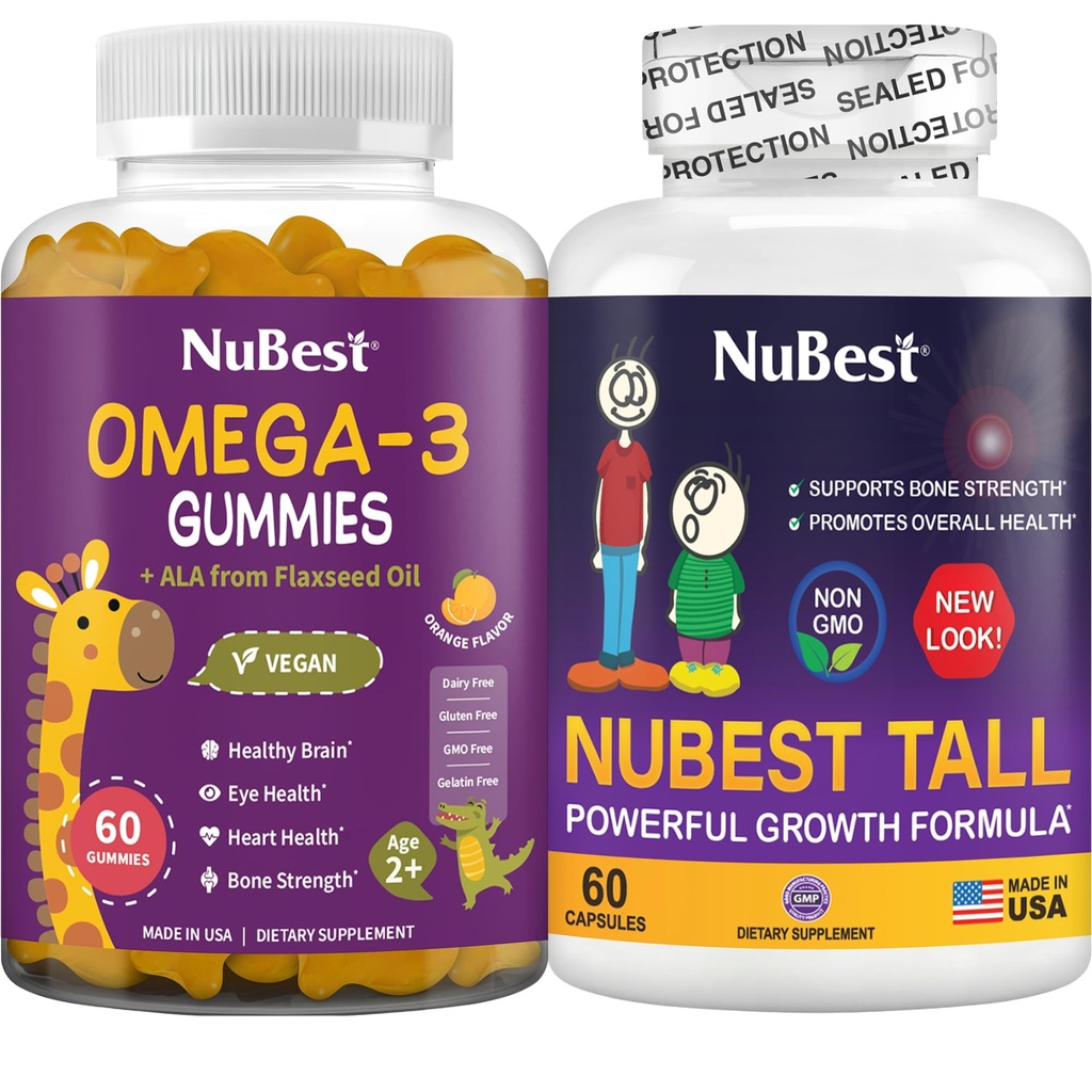 NuBest Bundle Bone Growth - Brain Growth: Omega 3 Gummis Tall New Look for Kids & Teens mit Calcium, Collagen, Kräuter, Omega 3 Flaxseed Oil