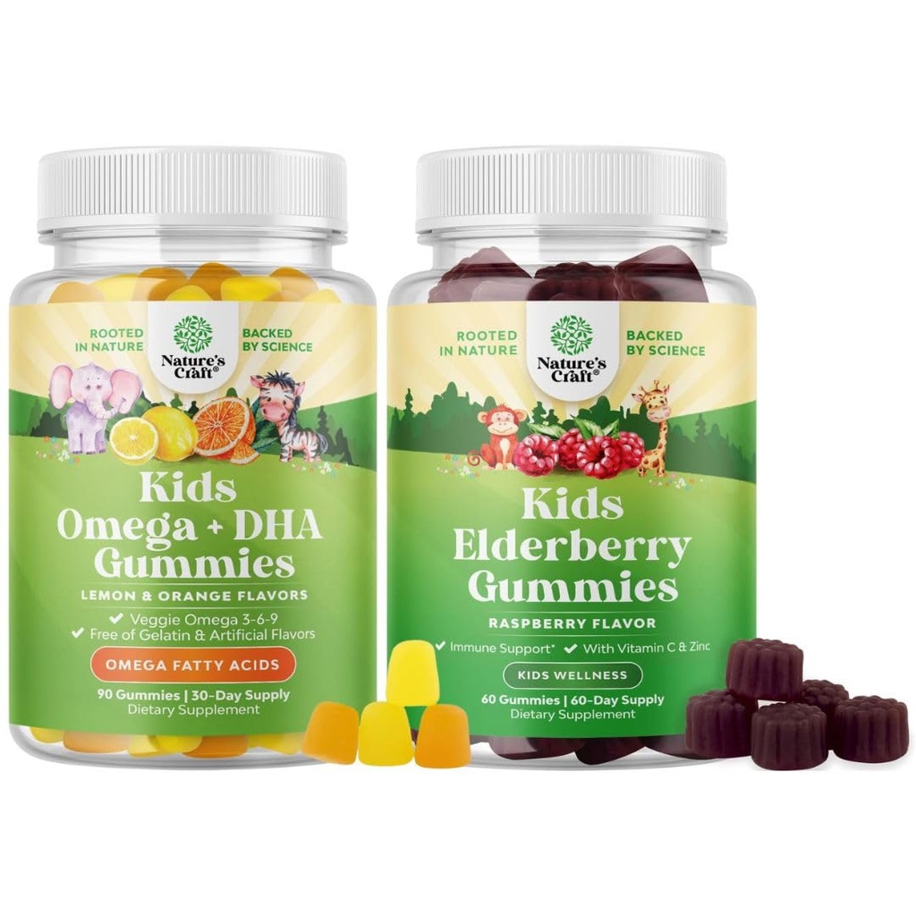 Bundle of Kids DHA Omega 3 Gummie - Fish Free with Vegetarian 6 9 for Vision Brain & Immunität und Sambucus Elderberry Gummies für Kinder - Schwarze Elderberry mit Zink & Vitamin C für Immununterstützung
