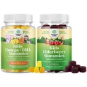 Bundle of Kids DHA Omega 3 Gummie - Fish Free with Vegetarian 6 9 for Vision Brain & Immunität und Sambucus Elderberry Gummies für Kinder - Schwarze Elderberry mit Zink & Vitamin C für Immununterstützung