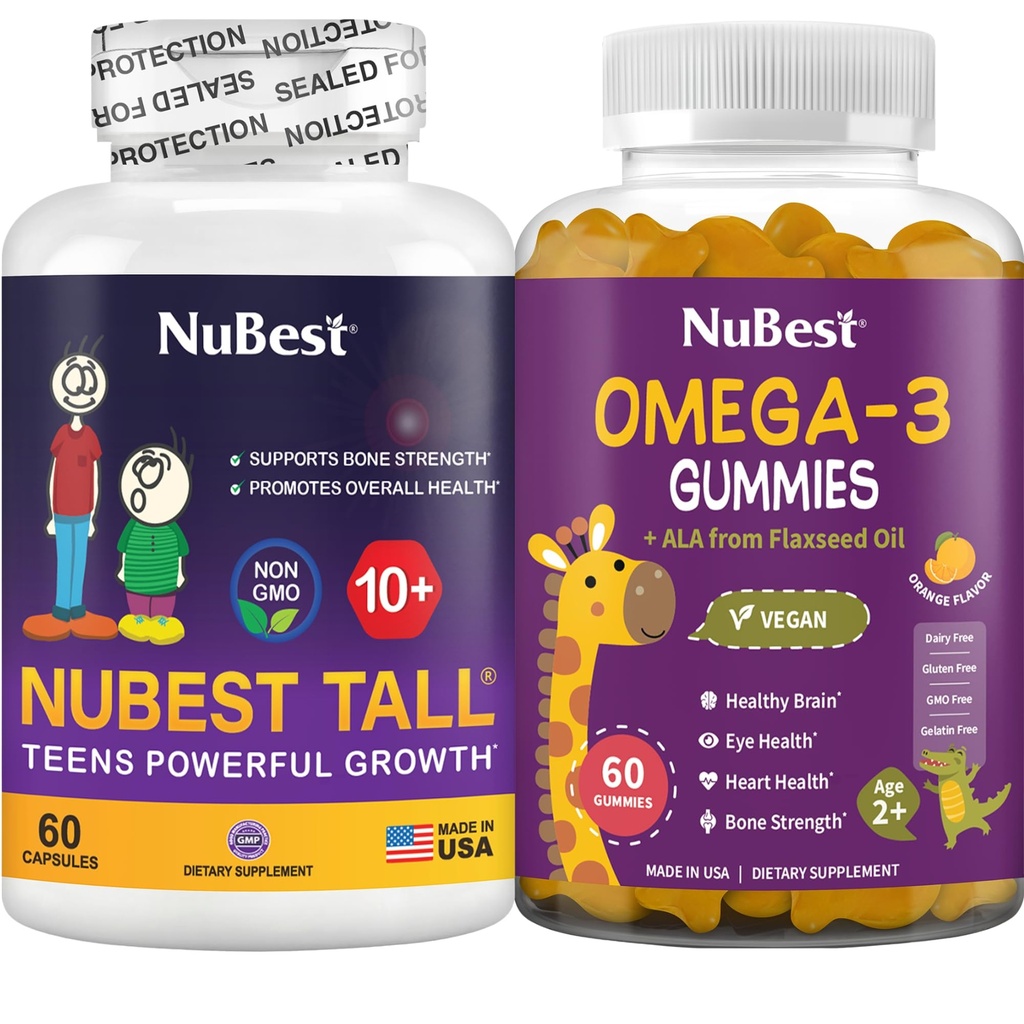 NuBest Bundle Bone Growth and Brain Growth Tall 10+ Knochengesundheit Kapseln und Omega-3 Gummi für Kinder & Jugendliche