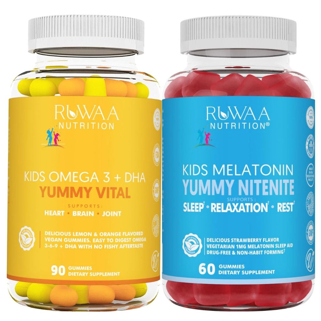 RUWAA NUTRITION Omega 3 Gummies, DHA Gummies et 1mg Mélatonine Gummies.