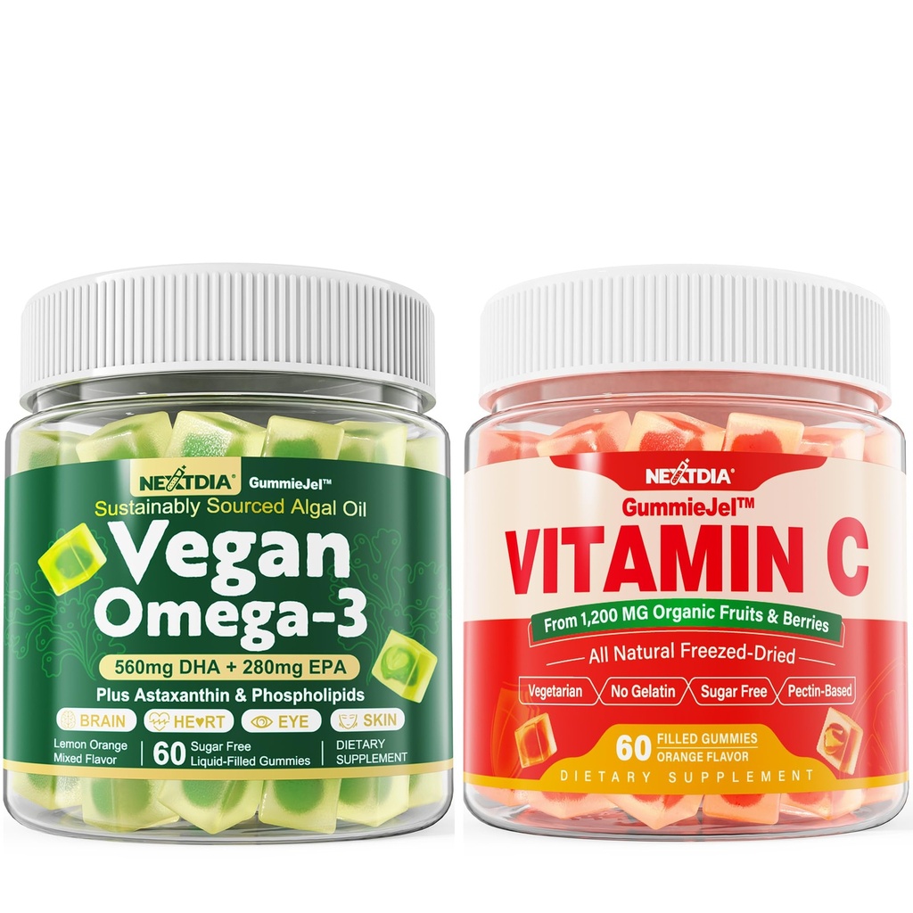 Nextdia Vegan Omega 3 Gummi + Ganzes Essen Vitamin C Gummi für Erwachsene & Kinder