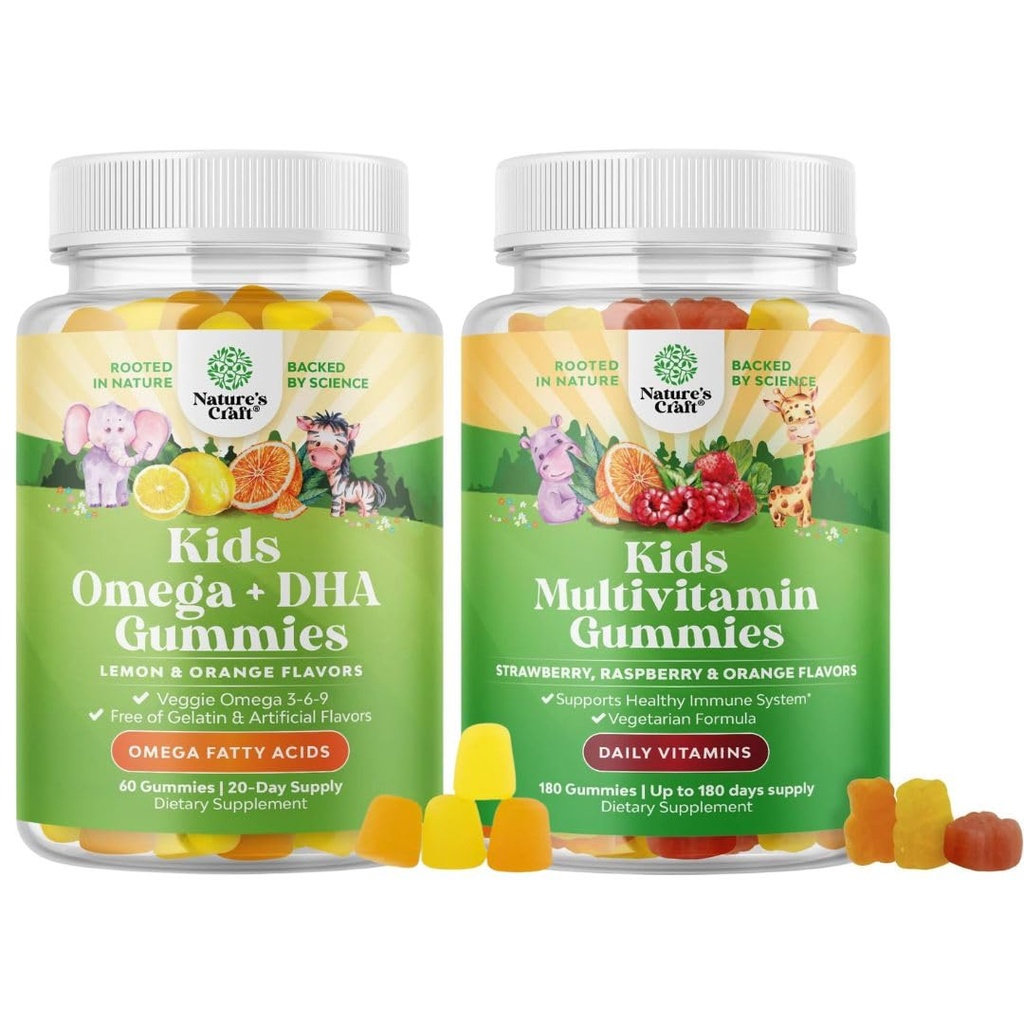 Bundle of Kids DHA Omega 3 Gummis - Fettsäuren Omega 3 6 9 für Gehirn, Immunstärke & Vision und pflanzenbasierte Kinder Multivitamin Gummis mit Vitaminen A C D3 E B und Zink für Immunität Unterstützung