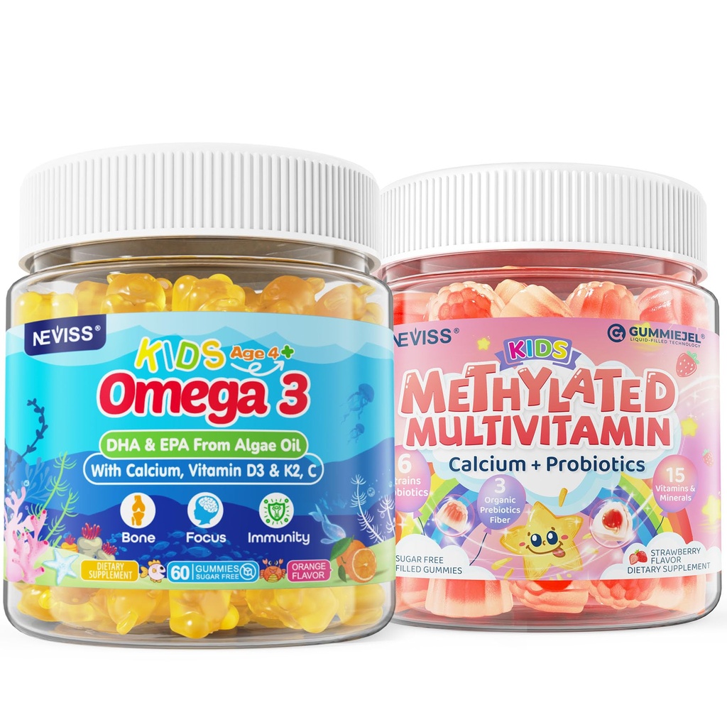 Gummies multivitamines méthylées pour enfants avec calcium, probiotiques + oméga 3 Gummies avec vitamine D3 et K2, C, DHA