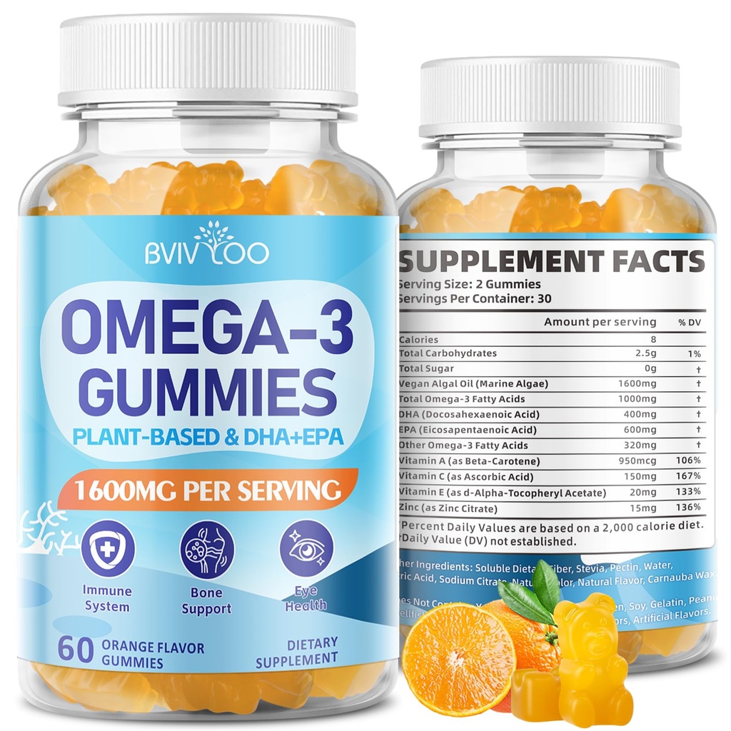 Vegan Omega-3 Gummie - 1600mg mit 600mg EPA & 400mg DHA. Hohe Absorptionsformel. Delicious Orange Flavor - 60 Gummis