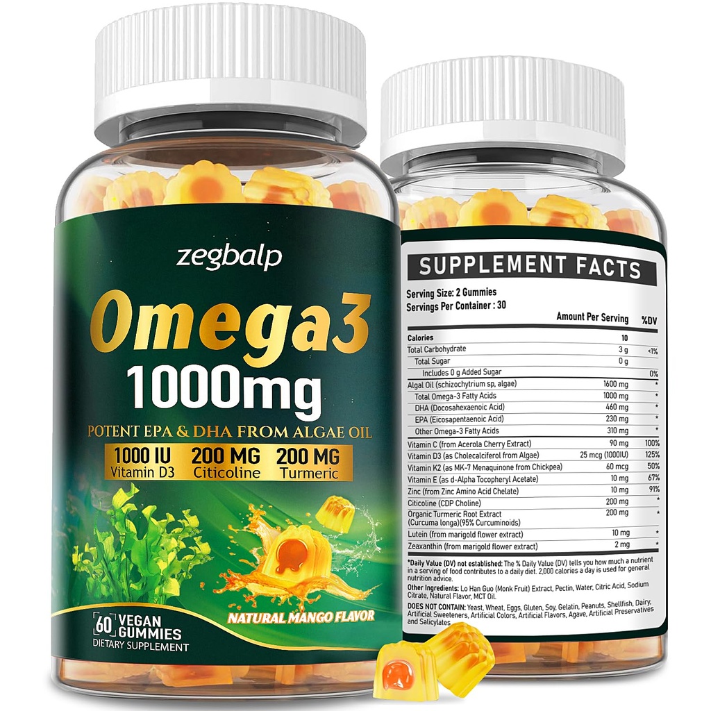 Supplément Omega-3 Gummies pour les femmes et les hommes - 1000mg Vegan Omega3 DHA & EPA avec curcuma, vitamine D3, K2, Citicoline pour la santé globale - Huile d'algue Omega 3 suppléments acides gras, sans sucre