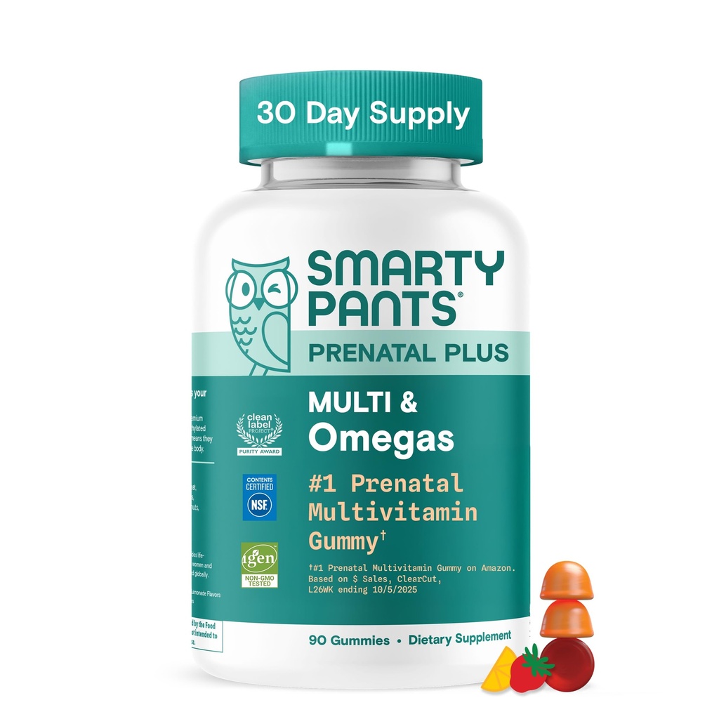 SmartyPants Gommies multivitamines prénatales avec Omega 3 DHA/EPA, Méthylfolate, Biotine, Vitamines D3, C, B12, B6, A, K et Zinc, sans gluten, étiquette propre, deux arômes de fruits, 90 Gommies (30 jours)