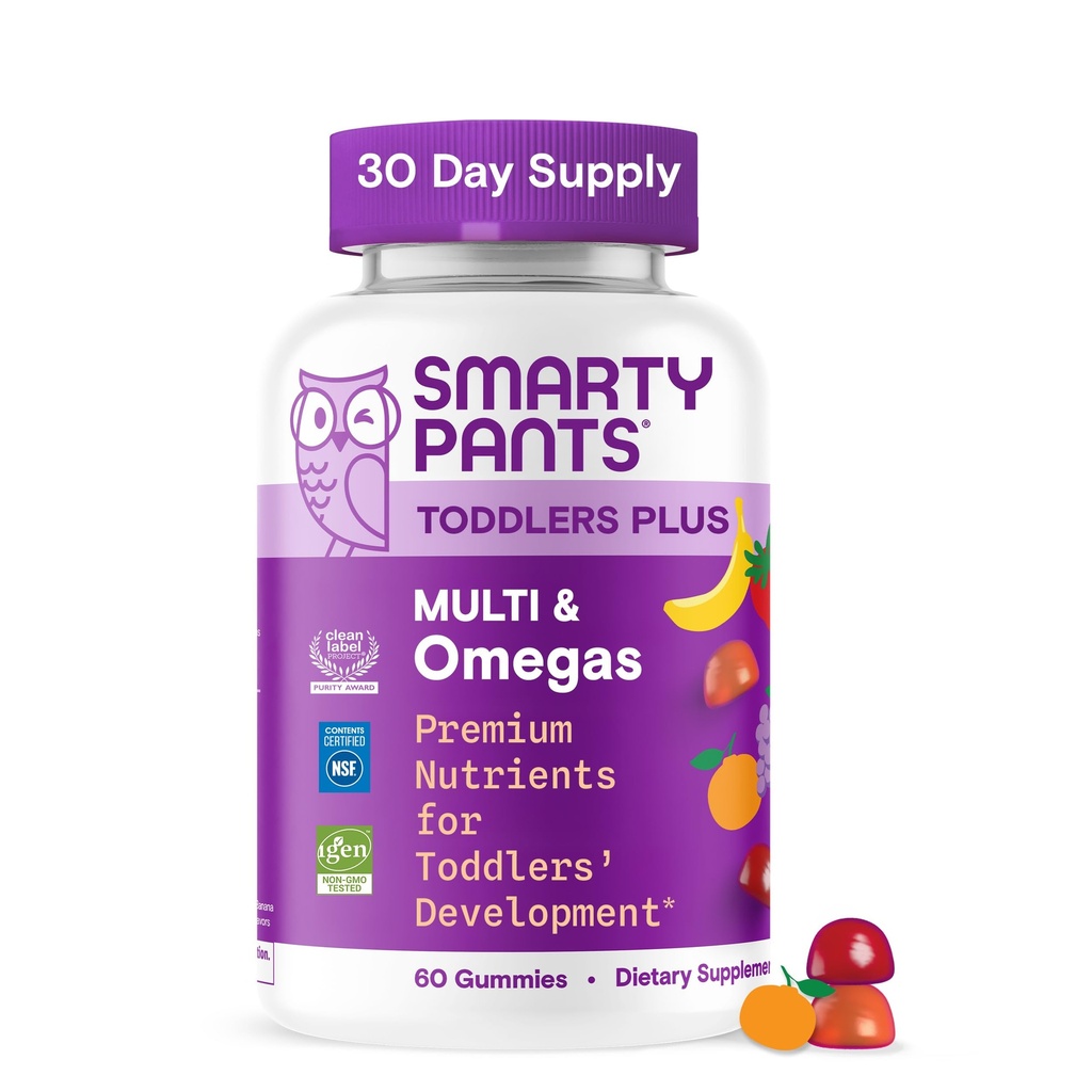 SmartyPants Kleinkind Multivitamin Gummis, Omega 3 (DHA/EPA), Vitamine D3, C, Vitamin B12, B6, A, K & Zinc, Biotin, Glutenfrei, Drei Fruchtschlamm, 60 Zähler (30 Tage Versorgung)