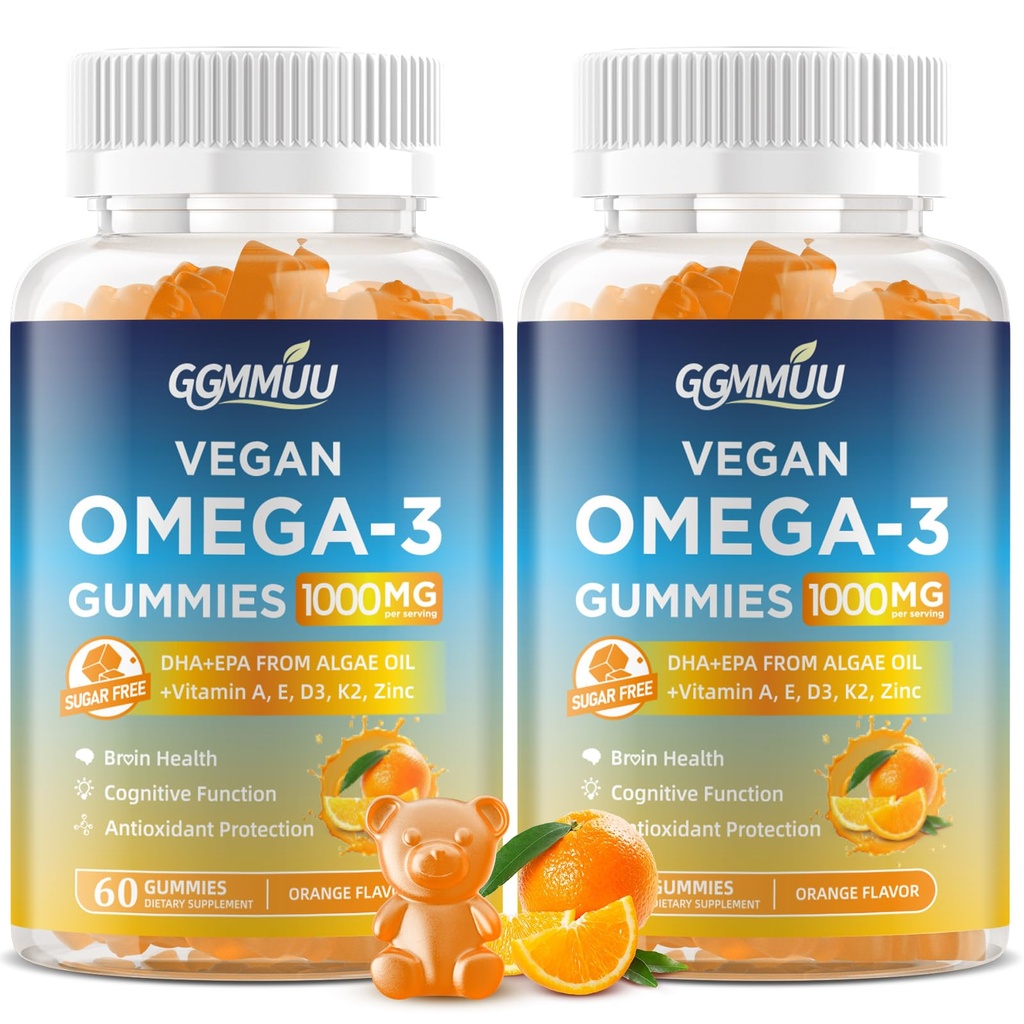 2 Pack Vegan Omega 3 Gummies 1000MG Huile d'algue Omega 3 Supplément pour les adultes avec Algae DHA 600mg & EPA 300mg Huile de poisson alternative - pour la santé des yeux et immunitaires, Orange Flavor, 120 Compte