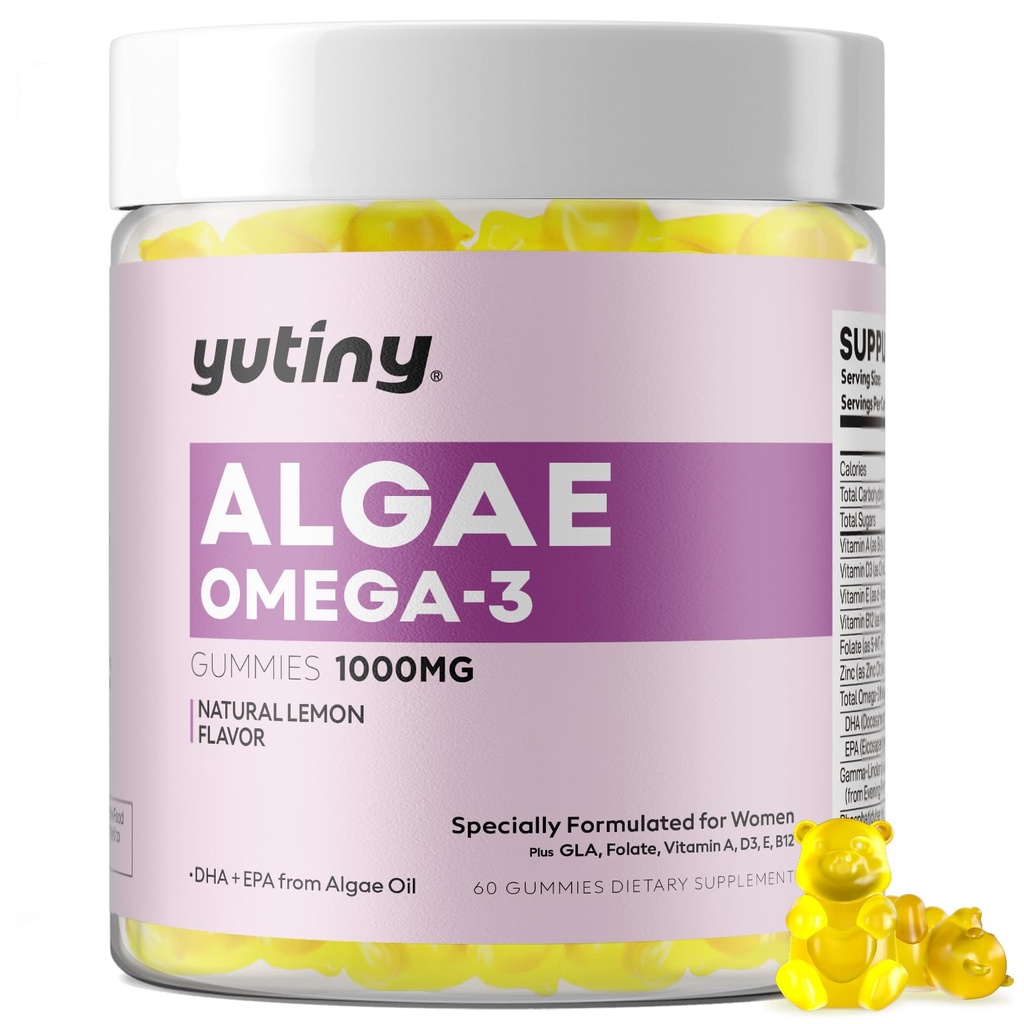 Vegan Omega 3 Gummie für Frauen, Algae Omega 3 1000mg Ergänzung mit DHA, EPA, GLA, Vitamin A, E, B12, Folate, Haut und Gehirn Gesundheit, Zuckerfrei, 60 Zähler