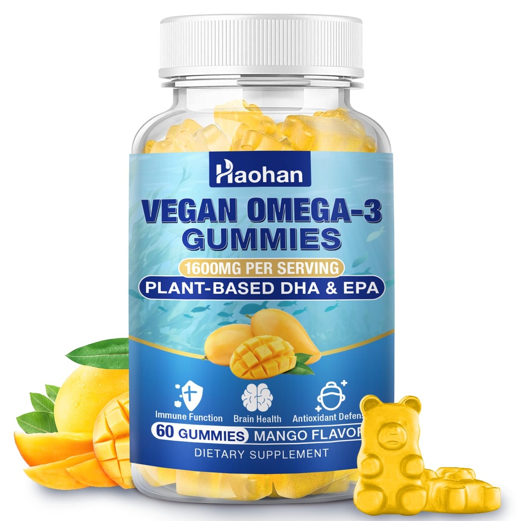 Omega-3 Gummi für Erwachsene, Orange Flavor – Sugar-Free, Algae-Derived DHA 600mg & EPA 300mg, mit Vitaminen A, C, E, Zink, 60 Gummie