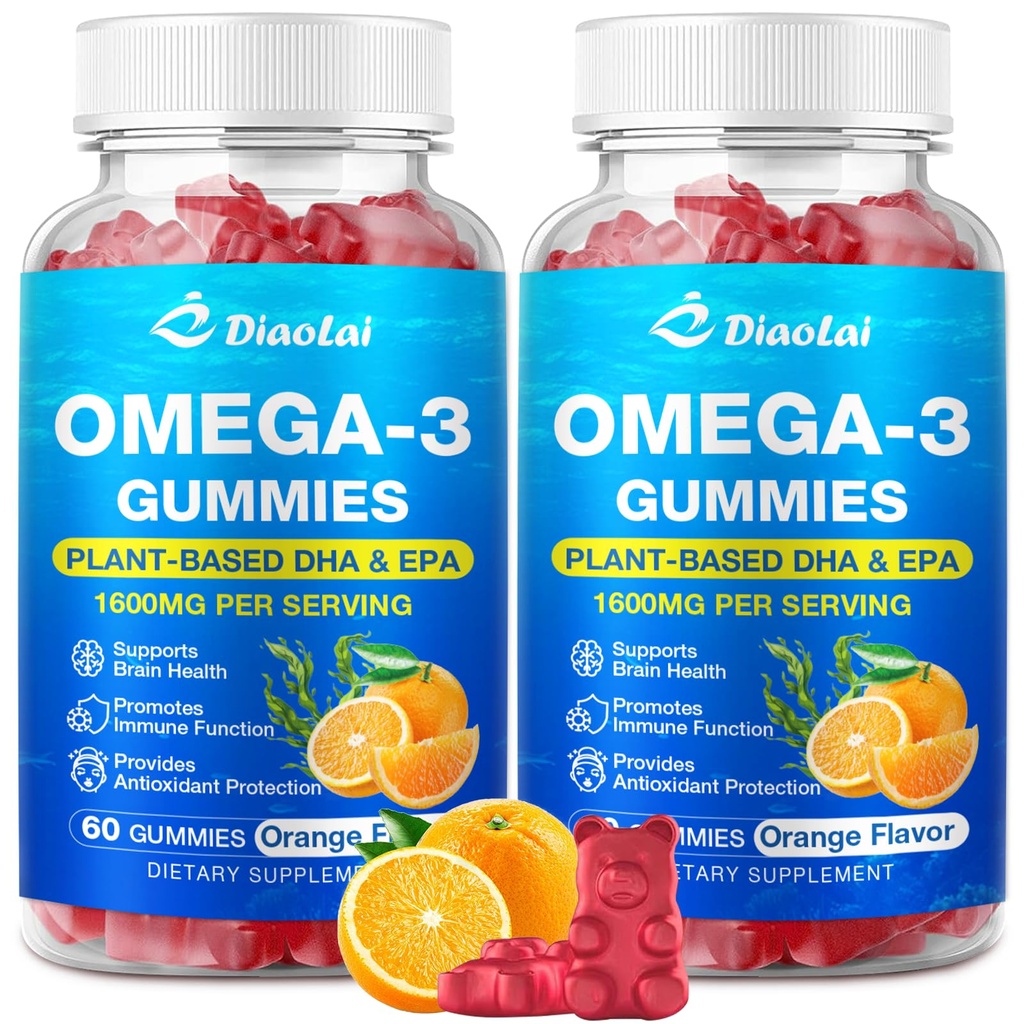 2 Pack Vegan Omega-3 Gummi für Erwachsene – Sugar-Free, Algae-Based DHA 600mg & EPA 300mg, mit Vitaminen A, C, E, Zink – Omega 3 Fish Oil Alternative, 120 Count