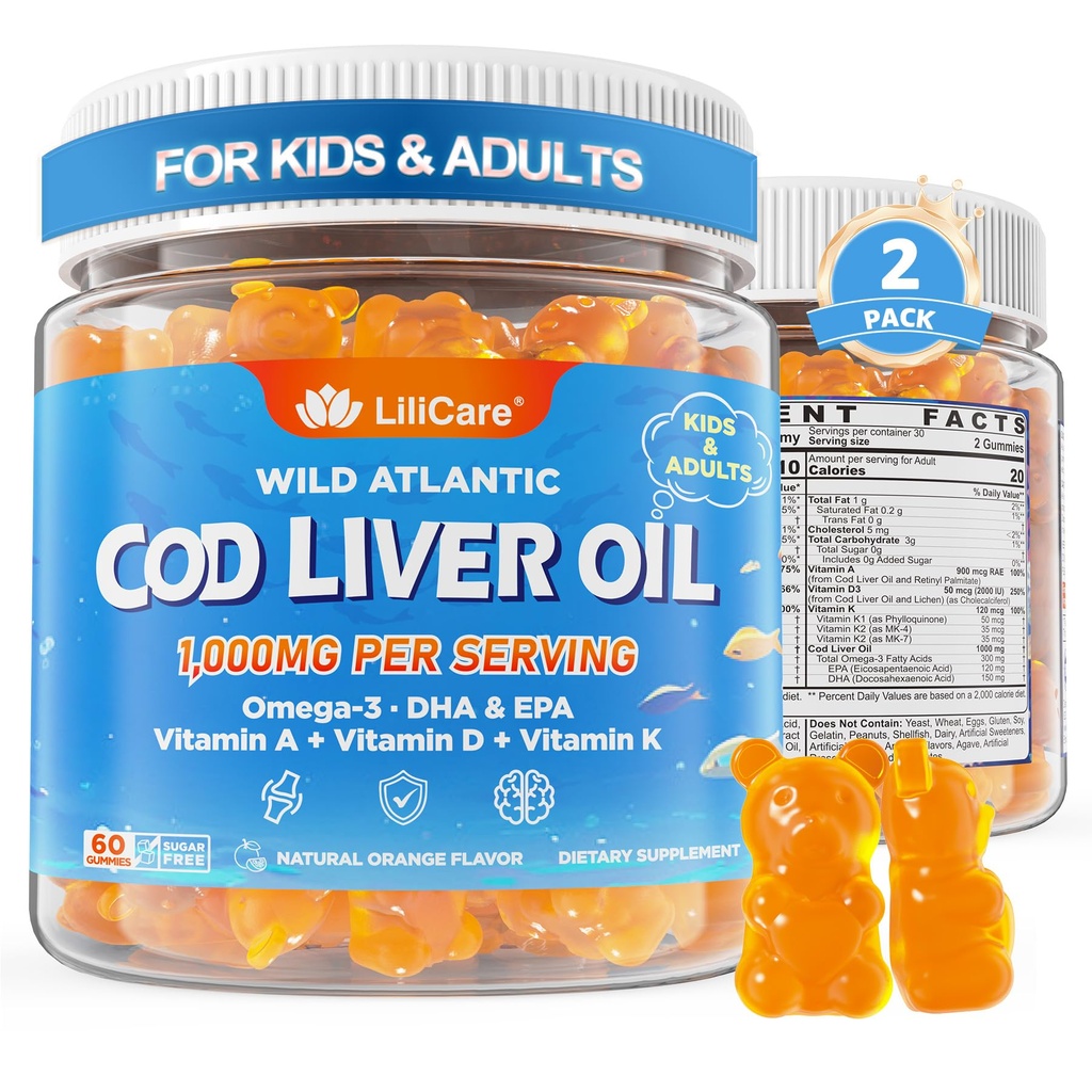 Huile de foie de morue Gommies 1000mg pour les enfants et les adultes - w/Omega 3 (EPA et DHA), Vitamines A, D3 et K2 - Huile de foie de morue Omega 3 Gommies pour Imune, Cerveau et soutien cognitif, Sans sucre, Arôme orange, 120Cts