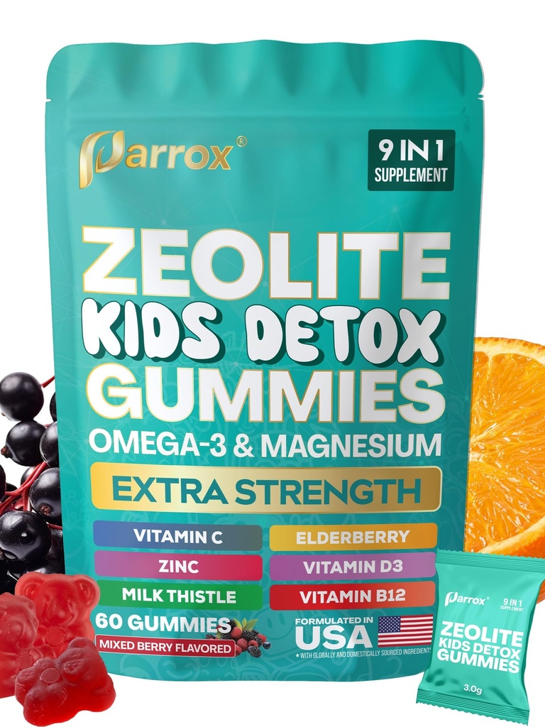Zeolite Kindergummis, 9-in-1 mit Zeolit, Omega-3, Magnesium, Elderberry, Vitamin C, Milchdistel, Vitamin D3, Zink, B12 – Sugar-Free (60 Gummis – Mixed Berry Flavor)