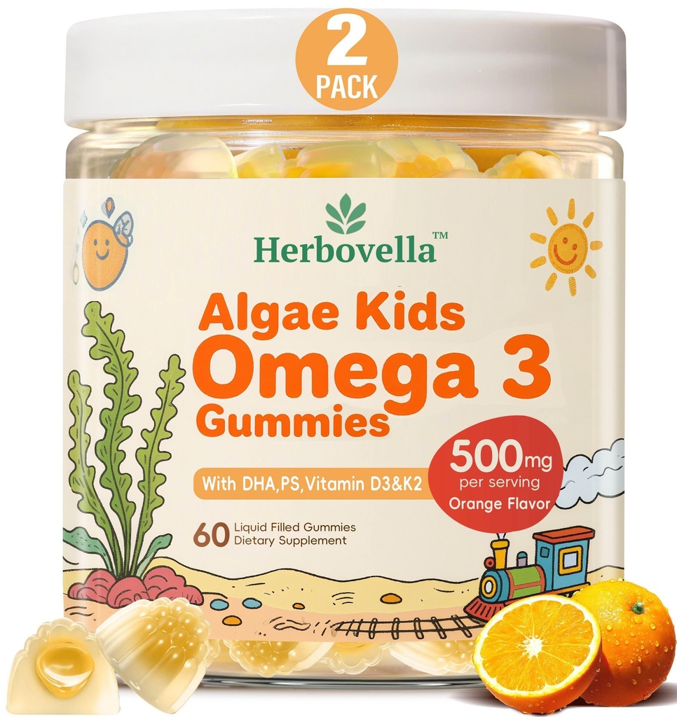 Kinder Omega 3 Gummies 2 Pack, Vegan Algae DHA 420mg mit PS, Vitamin D3 K2, Zuckerfrei, Kein Fischöl, Gehirn & Fokus Unterstützung für Kinder, 120 Gummies