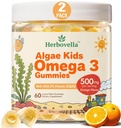 Kinder Omega 3 Gummies 2 Pack, Vegan Algae DHA 420mg mit PS, Vitamin D3 K2, Zuckerfrei, Kein Fischöl, Gehirn & Fokus Unterstützung für Kinder, 120 Gummies