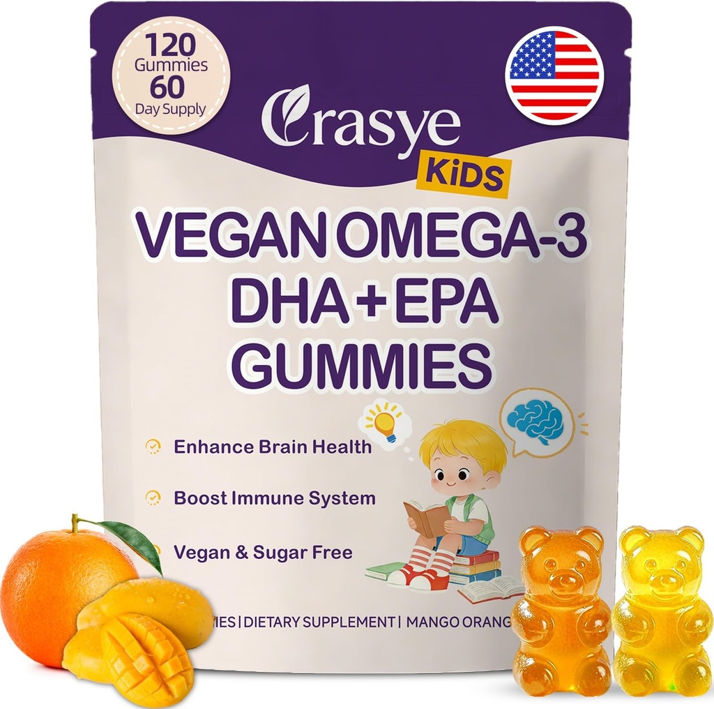 Omega 3 Gummies pour les enfants et les adolescents - Sans sucre Omega DHA & Supplément EPA Gummy pour les enfants Cerveau et immunité - Pas de Burps de poisson, Vegan - 120 Gummies