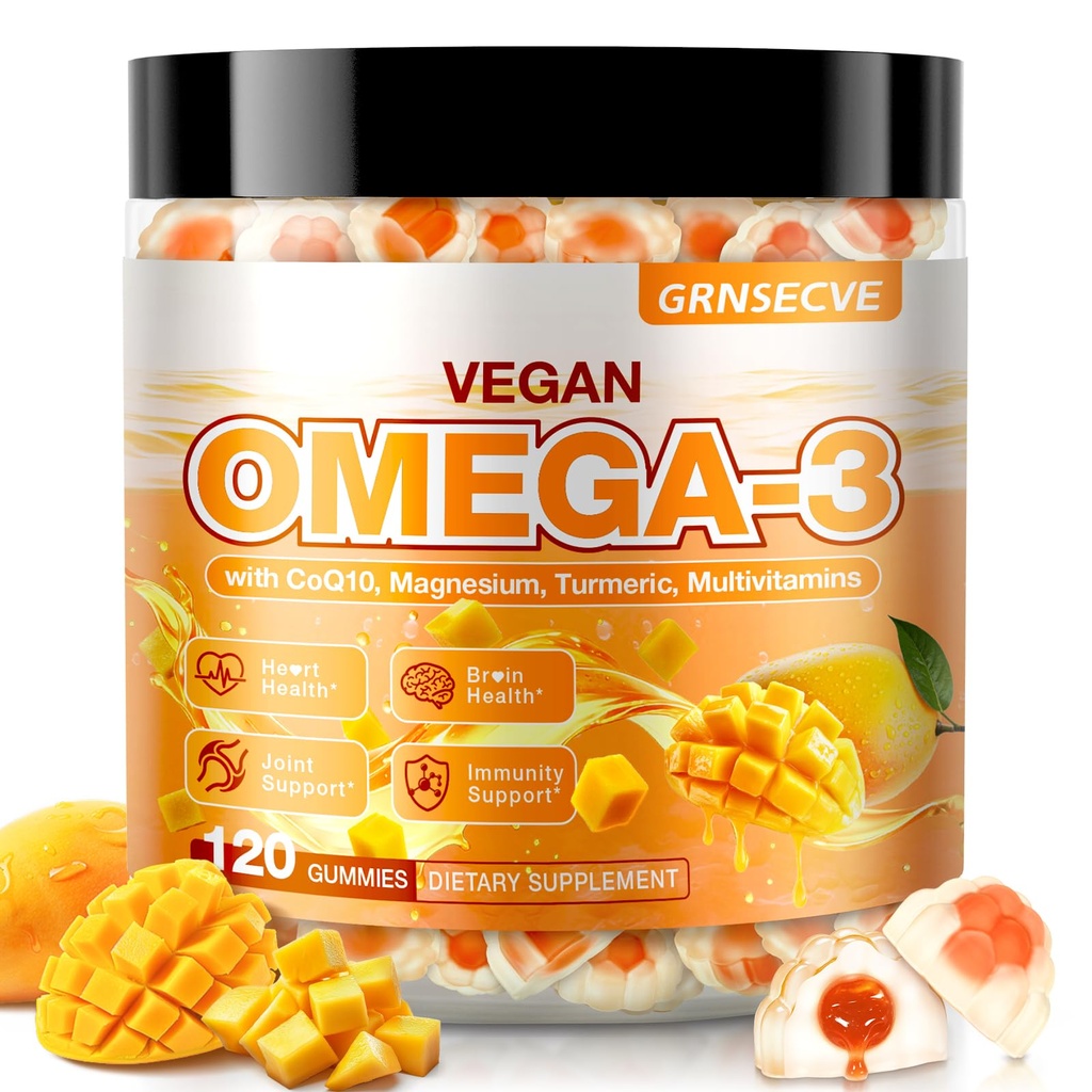 Vegan Omega-3 Gummies - Huile de poisson Omega 3 Suppléments Alternative pour les adultes - Algae DHA 600mg & EPA 400mg, Vitamine D3 K2 - Pas de goût de poisson - pour le cerveau, l'œil, le soutien immunitaire - sans sucre, 120 Nombre