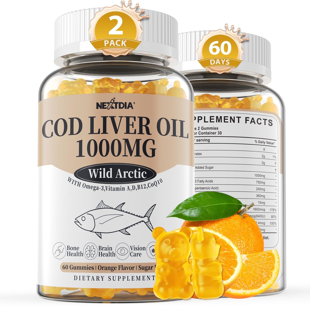Huile de foie de morue 1000mg Gummies pour les adultes et les enfants, avec vitamine A & D3 - Omega 3 Supplément huile de poisson - DHA 360mg et EPA 240mg pour le cerveau, les os, les yeux et la santé immunitaire, sans sucre, 120 Compte