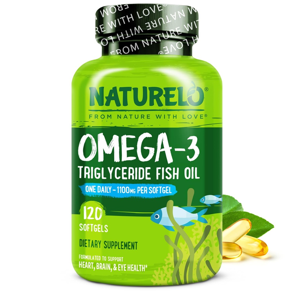 NATURELO Omega 3 supplément huile de poisson sans Burpless - 1100mg Triglycéride Omega-3, EPA + DHA, huile de poisson liquide pour le cœur, les yeux, le cerveau, la santé articulaire - 120 Softgels, 4 mois d'approvisionnement