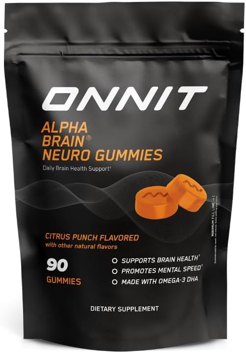 ONNIT Alpha Brain Neuro Focus Gummis, IGEN Non-GMO getestet Vegan Gummis mit Omega-3s Lutein Zeaxanthin und Koffein, Gehirn-Augen- und Fokusergänzung für Männer und Frauen, Citrus Punch, 90 Count