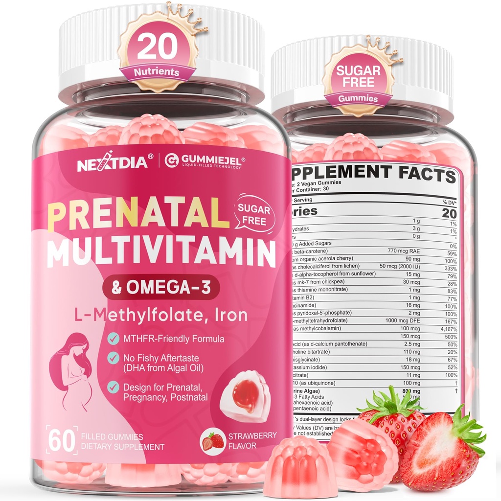 Pränatale Vitamine für Damengummis, Methylfolat 1mg, Vegan Omega 3 DHA 800mg, Eisen, Choline, Iodin, Vitamin D3 B6 B12 - Multivitamin für Frauen vor, während und nach Schwangerschaft, Sugar Free, 60 Count