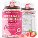 Vitamines prénatales pour les femmes Gommies, Méthylfolate 1mg, Oméga végétalien 3 DHA 800mg, Fer, Choline, Iodine, Vitamine D3 B6 B12 - Multivitamine pour les femmes avant, pendant et après la grossesse, sans sucre, 60 Nombre